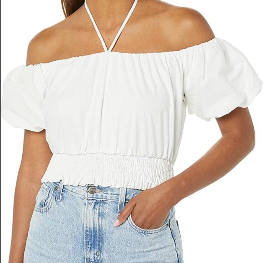ASTR Halter Off the Shoulder Puff Sleeve 100% Cotton Top - Picture 2 of 3